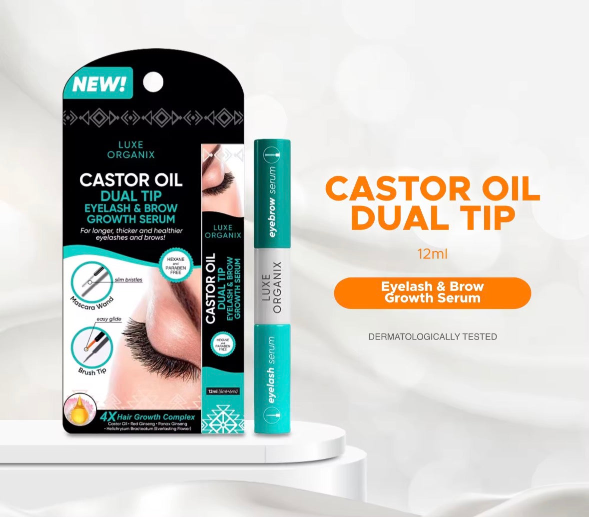 LUXE ORGANIX Castor Oil Dual Tip Eyelash & Brow Growth Serum 12ml