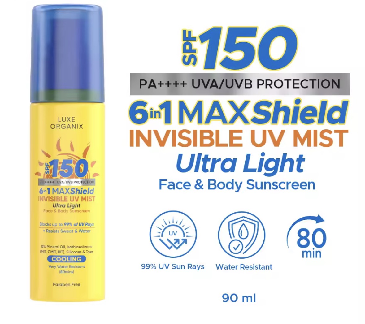 ON HAND! LUXE ORGANIX 6-in-1 Maxshield Invisible UV Mist Face & Body Sunscreen SPF150 PA++++ 90ml