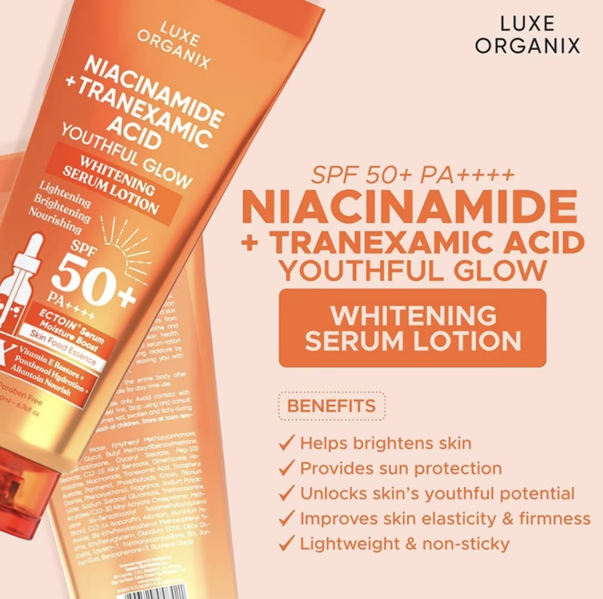 ON HAND! LUXE ORGANIX Niacinamide +Tranexamic Acid Youthful Glow Whitening Serum Lotion Spf 50 Pa++++ 200ml