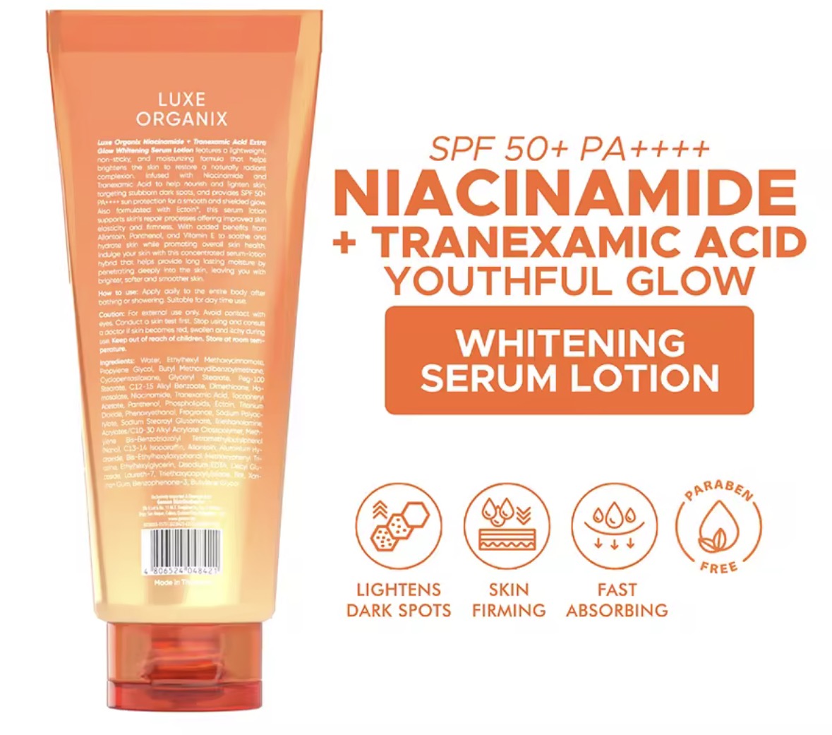 ON HAND! LUXE ORGANIX Niacinamide +Tranexamic Acid Youthful Glow Whitening Serum Lotion Spf 50 Pa++++ 200ml