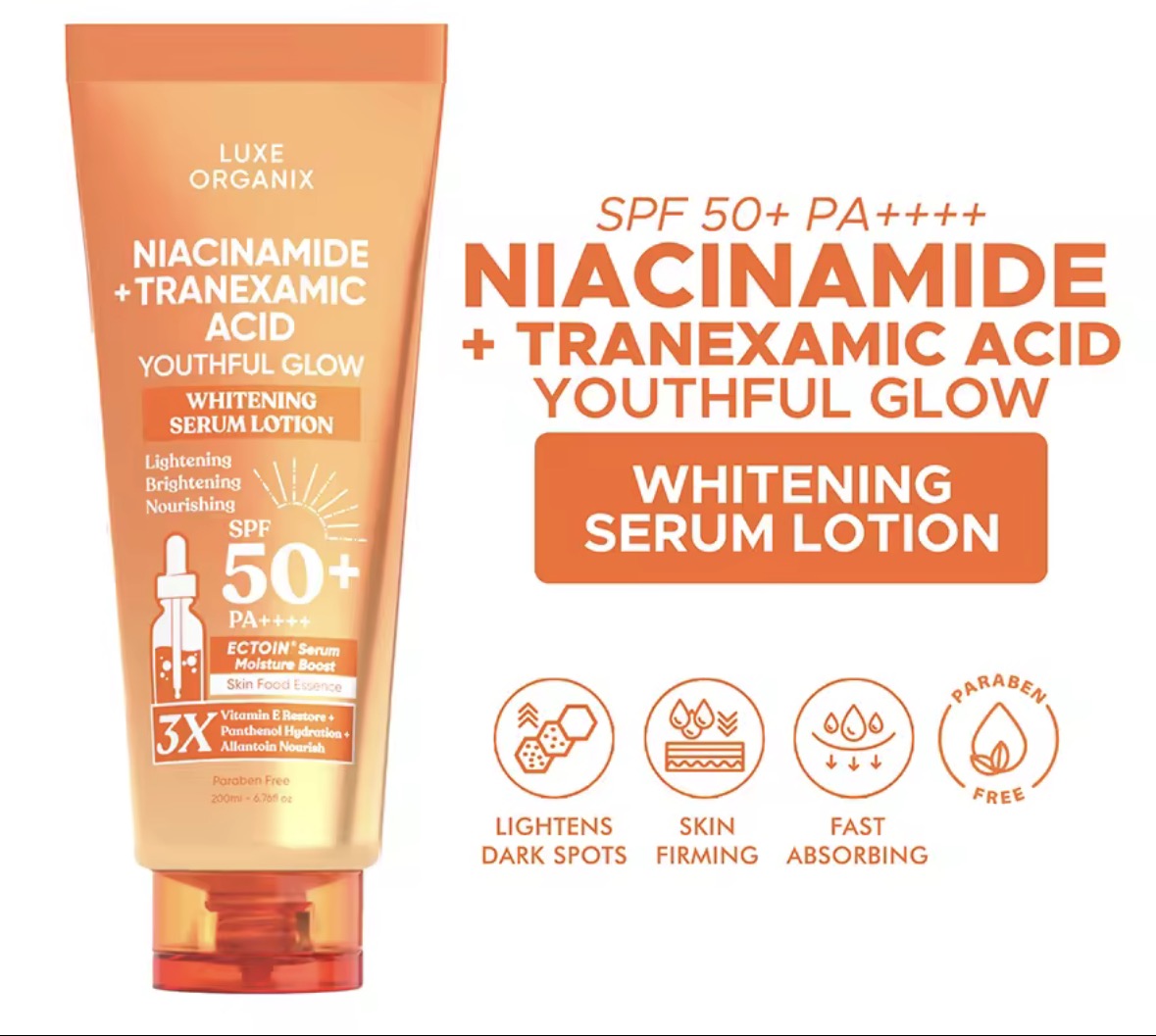 ON HAND! LUXE ORGANIX Niacinamide +Tranexamic Acid Youthful Glow Whitening Serum Lotion Spf 50 Pa++++ 200ml